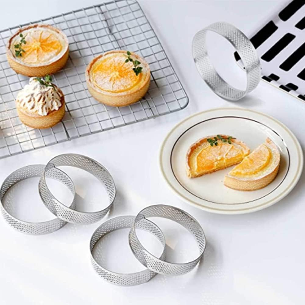 8Pcs Stainless Steel Tart Ring, Heat-Resistant Perforated Cake Mousse Ring round Double Rolled Tart Ring Metal Mold 10Cm image number 4