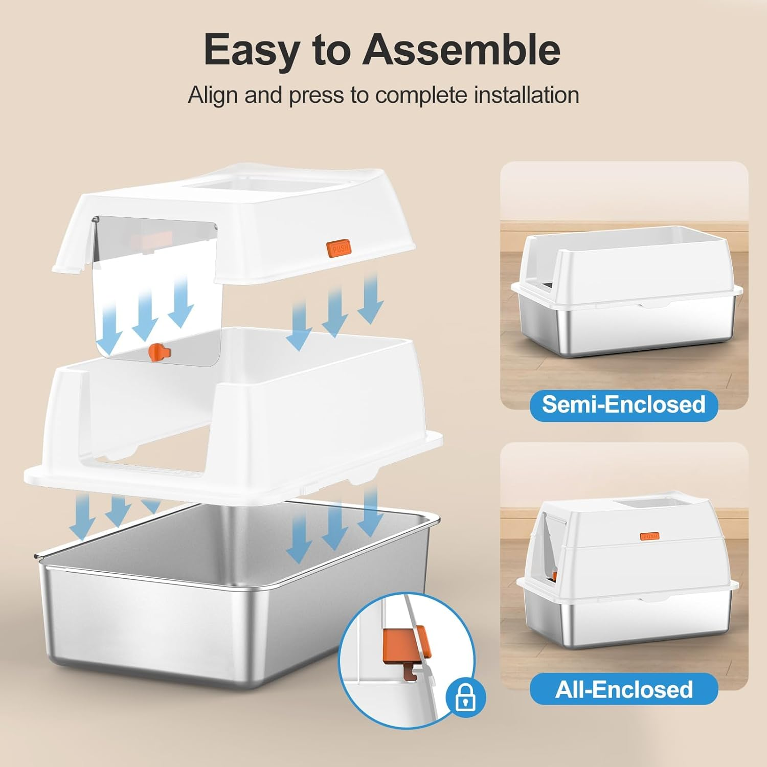 Stainless Steel Cat Litter Box with Lid, XL Large Enclosed/Open Litter Box, Removable Metal Kitty Litter Tray with Lid & Scoop, Odor Free Hooded, Anti-Leakage, Non-Sticky, Easy Cleaning image number 2