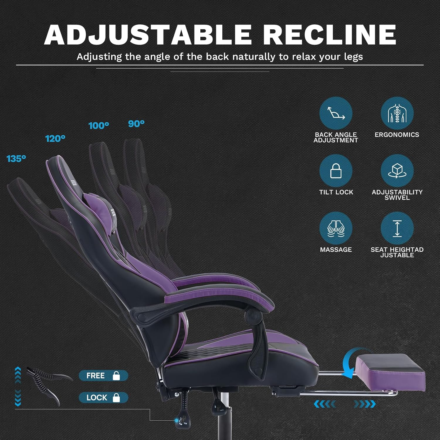 SEGEDOM Ergonomic Video Gamer Chairs Gaming Computer Chairs Gamer Chairs for Adults Massage Lumbar Support Swivel Height Adjustable Headrest Backrest(Blackpurple)