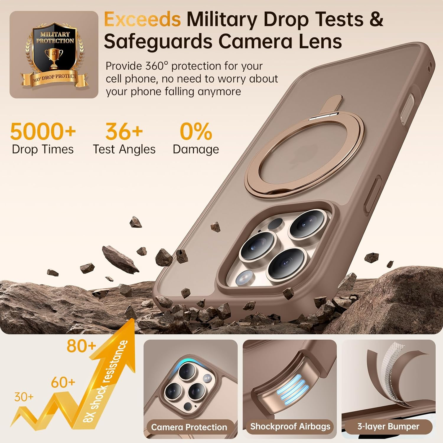 BENTOBEN Case for Iphone 16 Pro Max, Magnetic Ring Holder Slim Matte Phone Case [Compatible with Magsafe] 360 Rotatable Stand Shockproof Drop-Safe Cover for Iphone 16 Pro Max 6.9 Inch, Desert Titanium image number 4