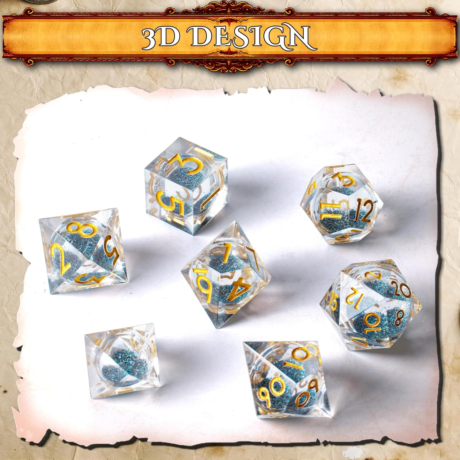 7 PCS Flowing Sand Dice Set with Eye of Dragon - DND Polyhedral Dice Contains D20, Accessories Starter Set from Zero to Master - Gift image number 3