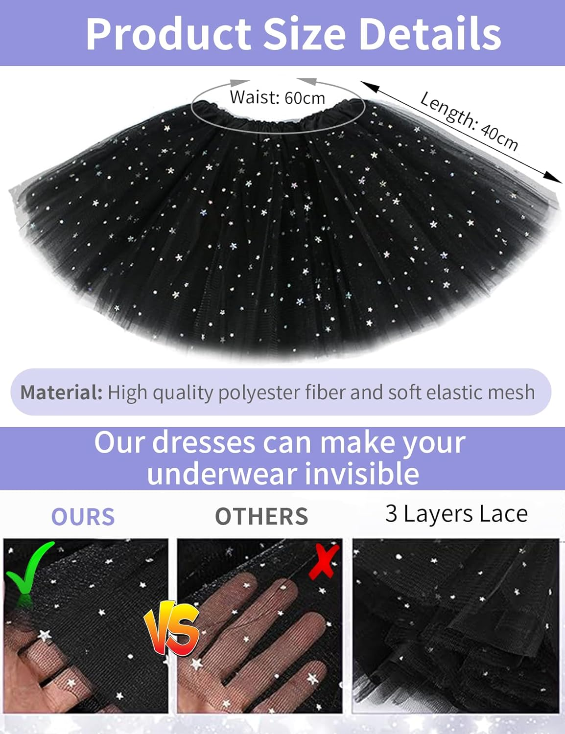 JIRONN Sparkle Tutu Skirt Ballet Dance Skorts for Women, Elastic 3 Layered Tulle Tutu Skirt with Sequin Stars Retro Bubble Skirt, Classic Tutu Skirt 1950'S Glitter Tulle Vintage Petticoat - Bk image number 4