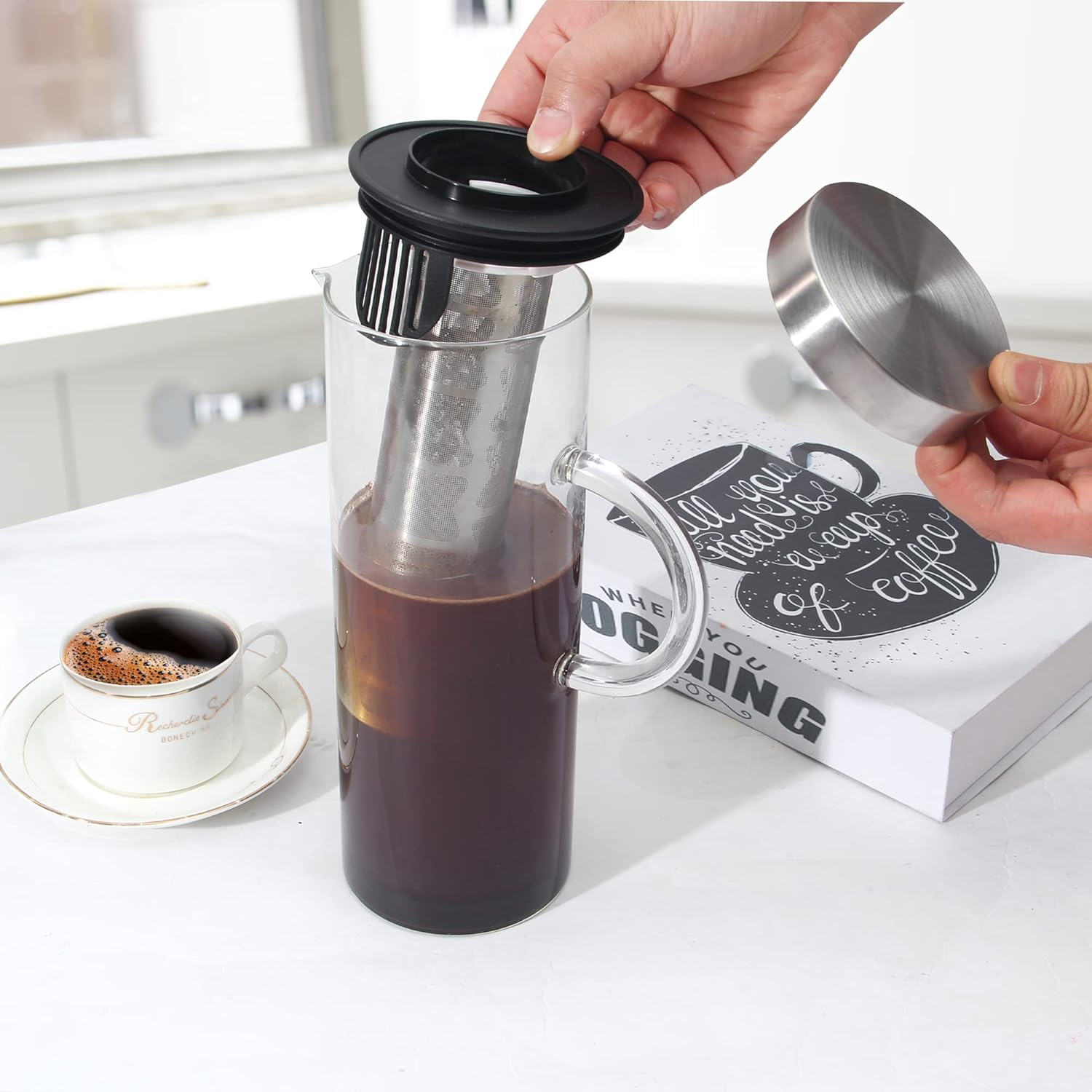 Mr Towels Deluxe Cold Brew Coffee Maker with Removable Stainless Steel Filter (Stainless Steel 44Oz/1300Ml/1.4Qt) image number 5