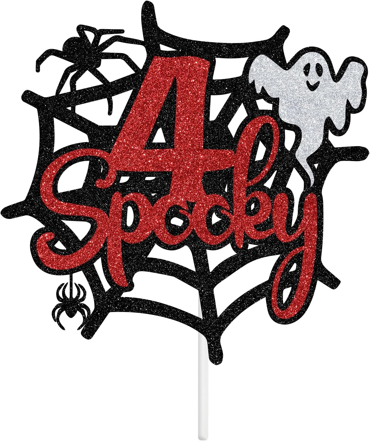 Spooky 4Th Birthday Cake Topper, Four Ever Spooky, Bat Ghost Cake Decor Halloween Theme 4Th Birthday Party Decorations Supplies for Boys Girls, Black Glitter