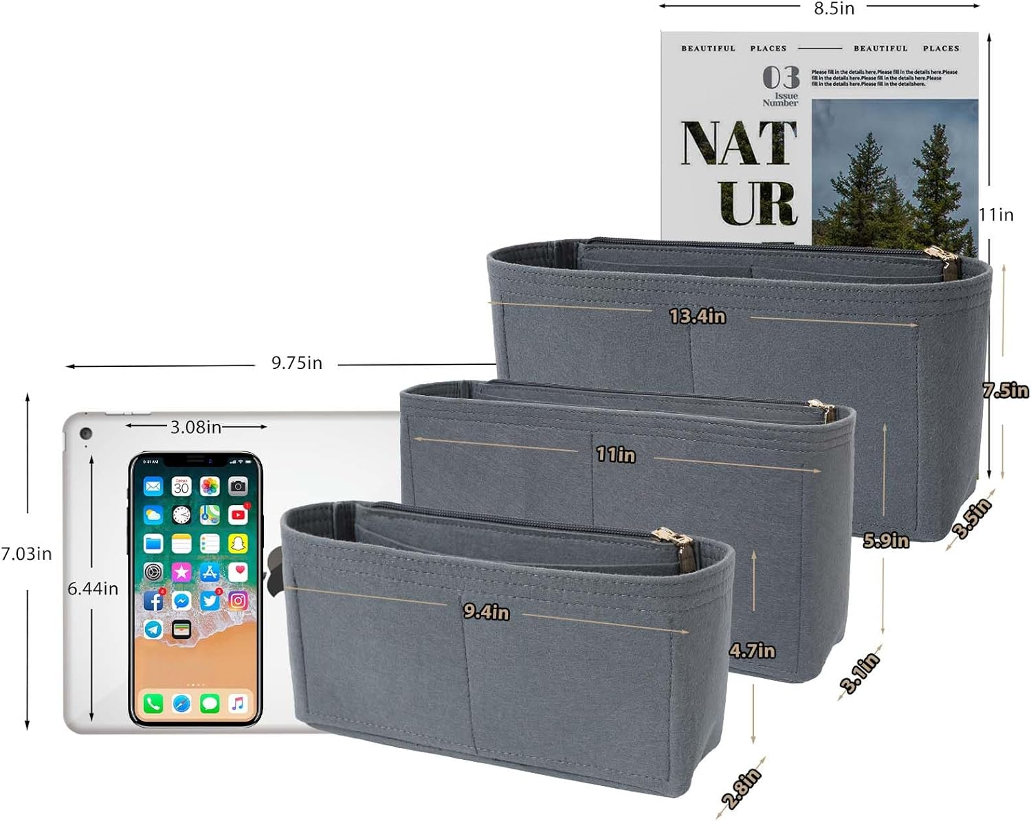 Surblue Purse Organizer Insert for Handbags, Felt Bag Organizer with Zippers Handbag Shaper Pouch for Classic 19 Flap Bag, Marmont, Onthego,（Grey, Slender M） image number 1