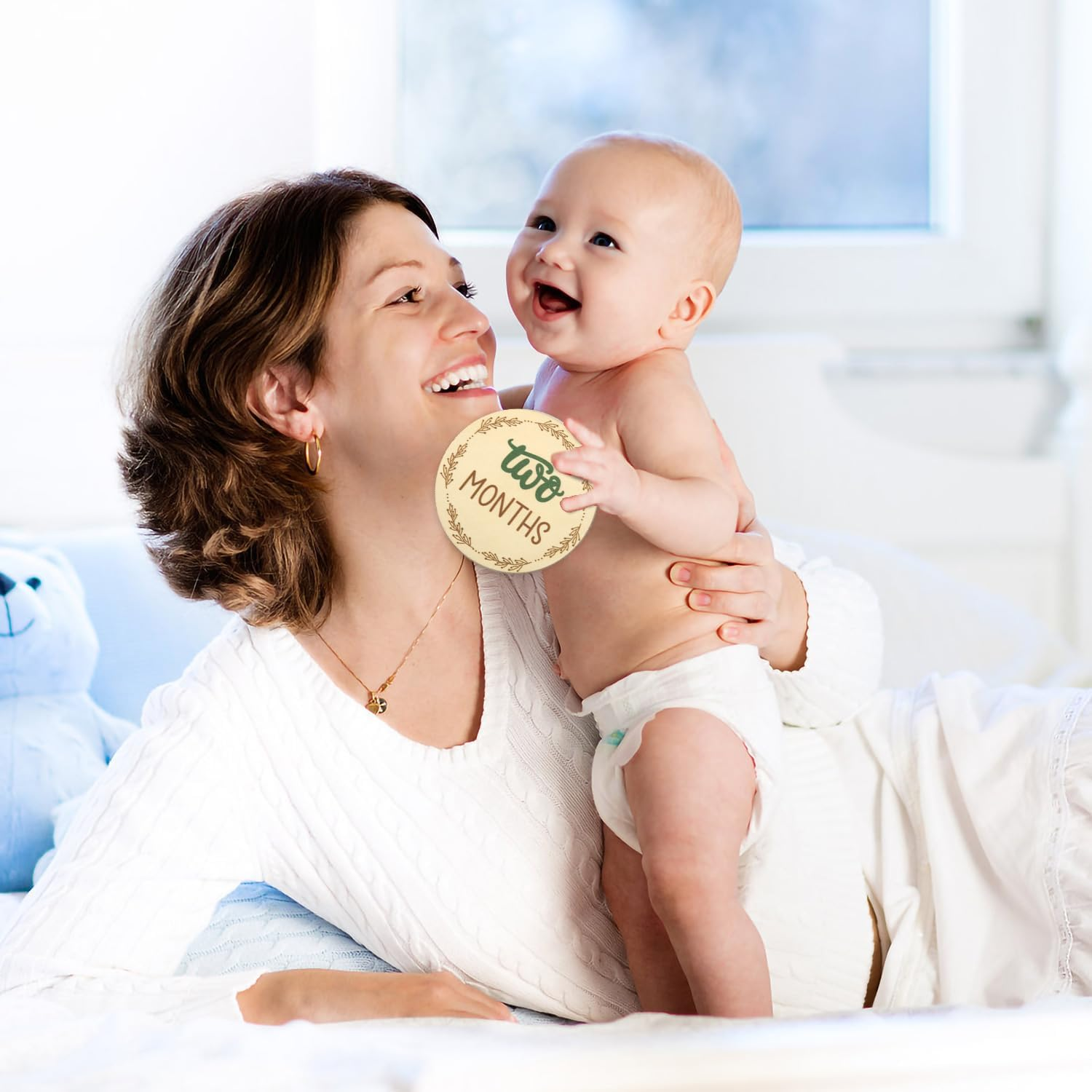 7Pcs Wooden Baby Monthly Milestone Cards, Baby Months Signs Double-Sided Baby Growth Signs Monthly Discs Monthly Photo Props Monthly Markers for Baby Practical Supplies to Record Growth image number 1