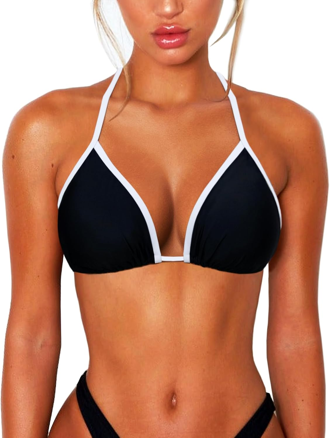 OZICERD String Bikini Tops for Women Bathing Suit Swim Tops Sexy Triangle Bikini Top Black