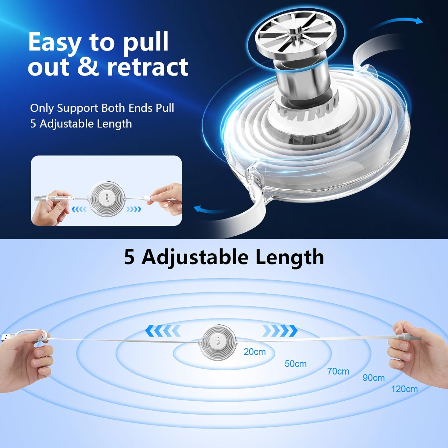 100W USB C to Multi Charging Cable, Iphone 15 Retractable Car Charger with Type C 100W+IP 27W+Micro USB 10W Multi Phone Charger for Iphone 15 14 13 12/Samsung S24 S23/Ipad/Macbook/Tablet 4FT White image number 2