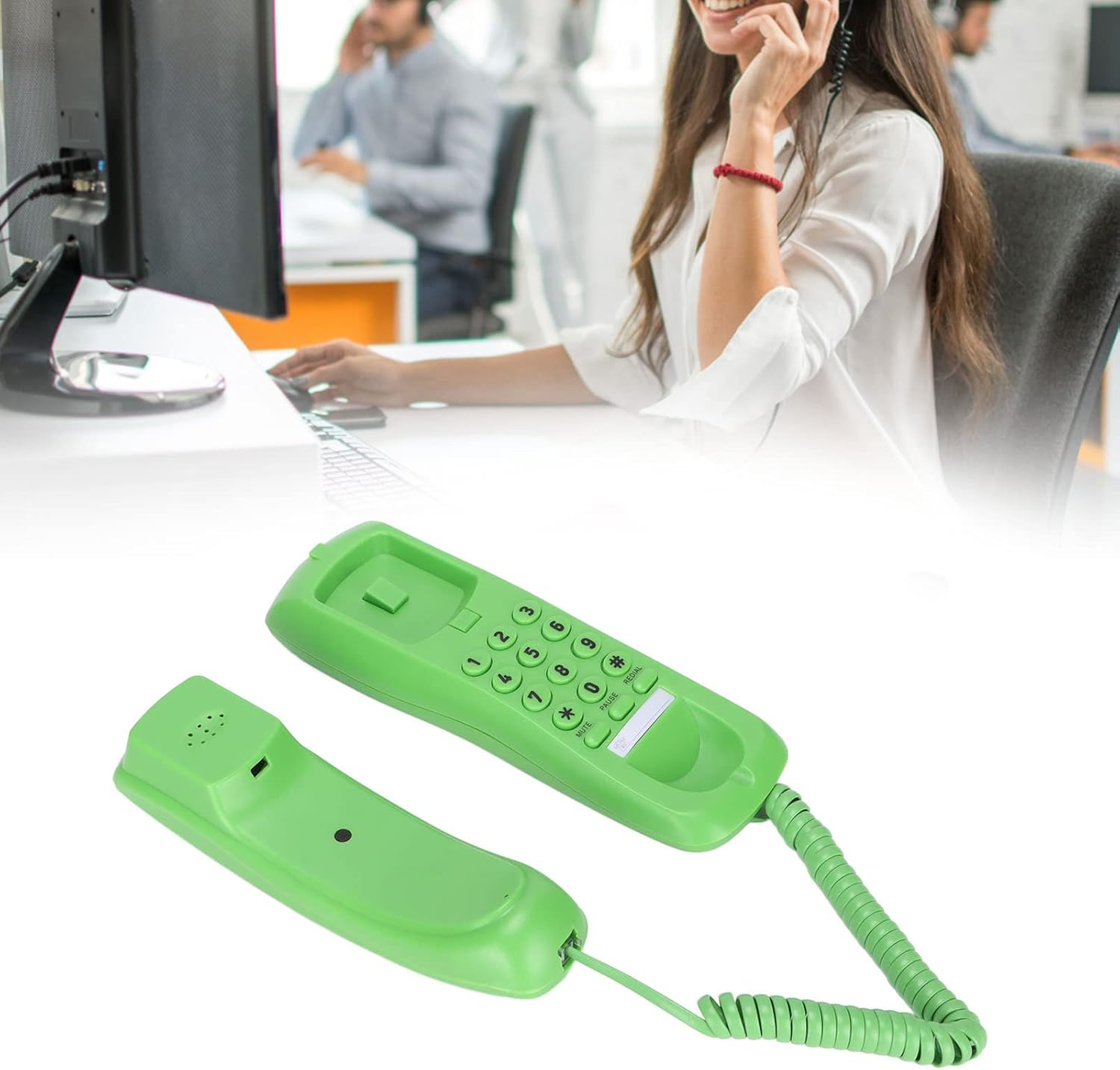 Corded Desk Telephone, Single Line Desk Fixed Telephone with Mute Pause Redial Music Function, Mini Landline Telephones for Home Hotel Office, Wall Mounted(Green) image number 3