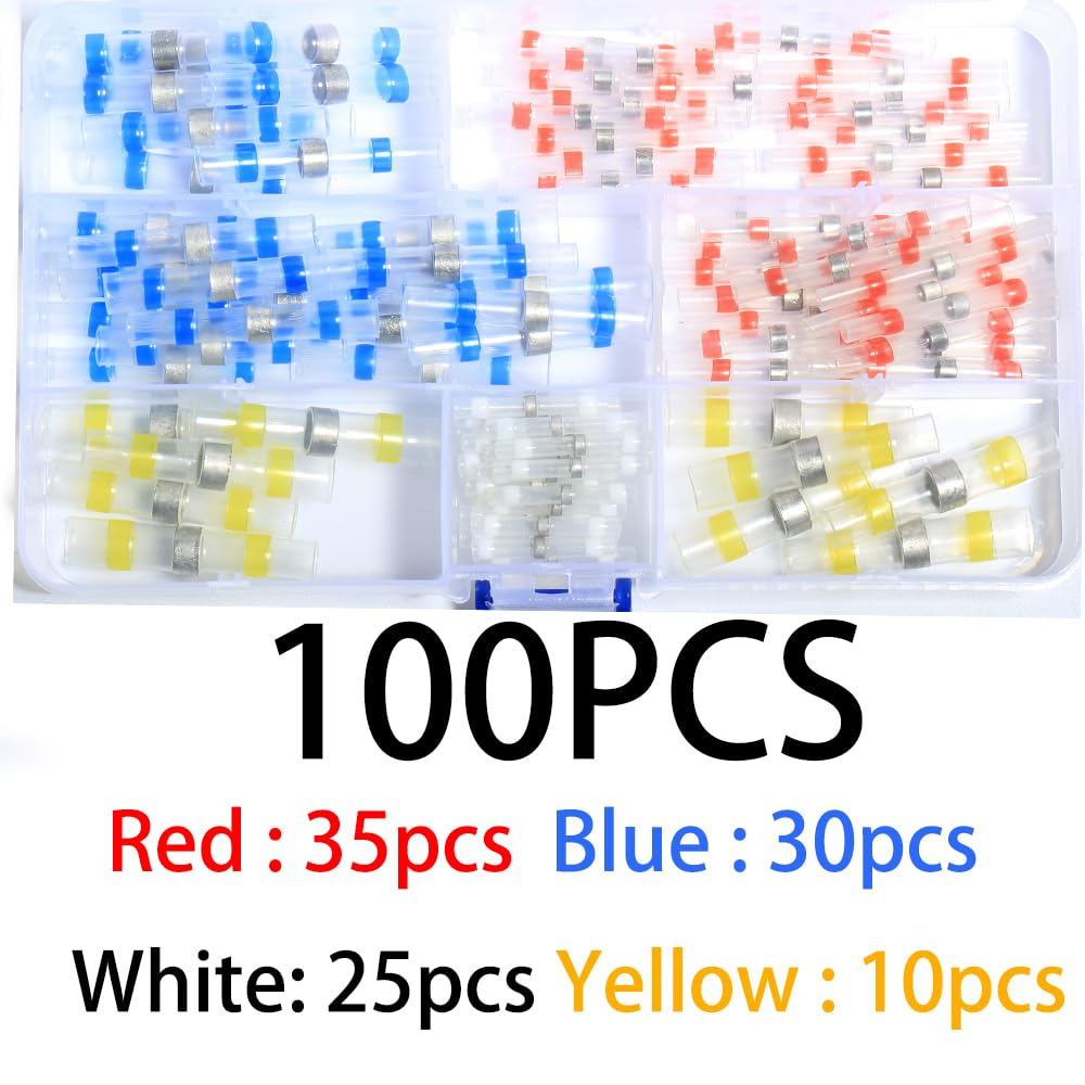 Aikoolwer 100 Pcs Solder Seal Heat Shrink Butt Connectors Waterproof Wire Kit Electrical Terminals Solderless Insulated Wire Splice Cable Marine Automotive Boat Truck image number 3