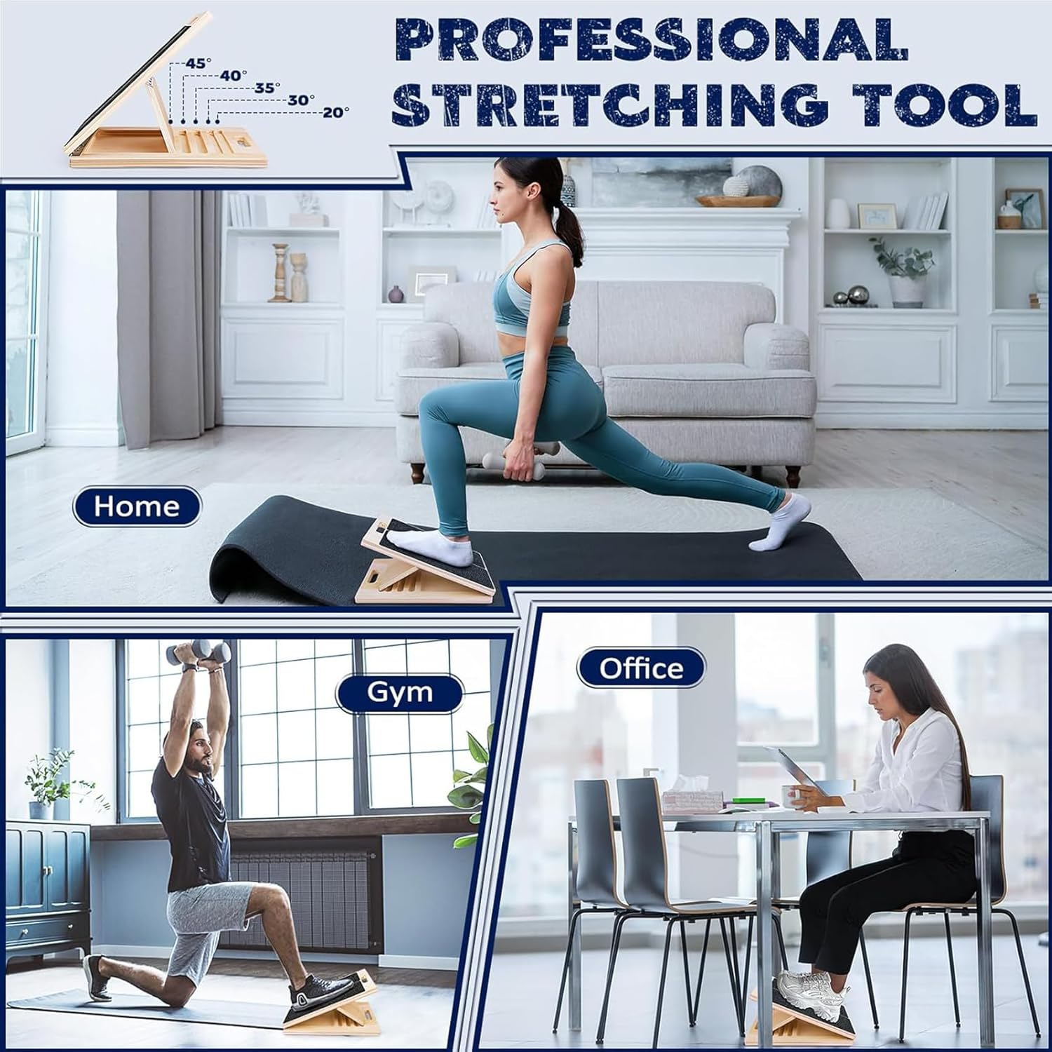 Portable Wooden Slant Board for Calf Stretching, Adjustable Incline Calf Stretcher for Knees Ankle Heel Feet Leg, Squats & Physical Therapy, Black 40 * 30 * 4Cm image number 2