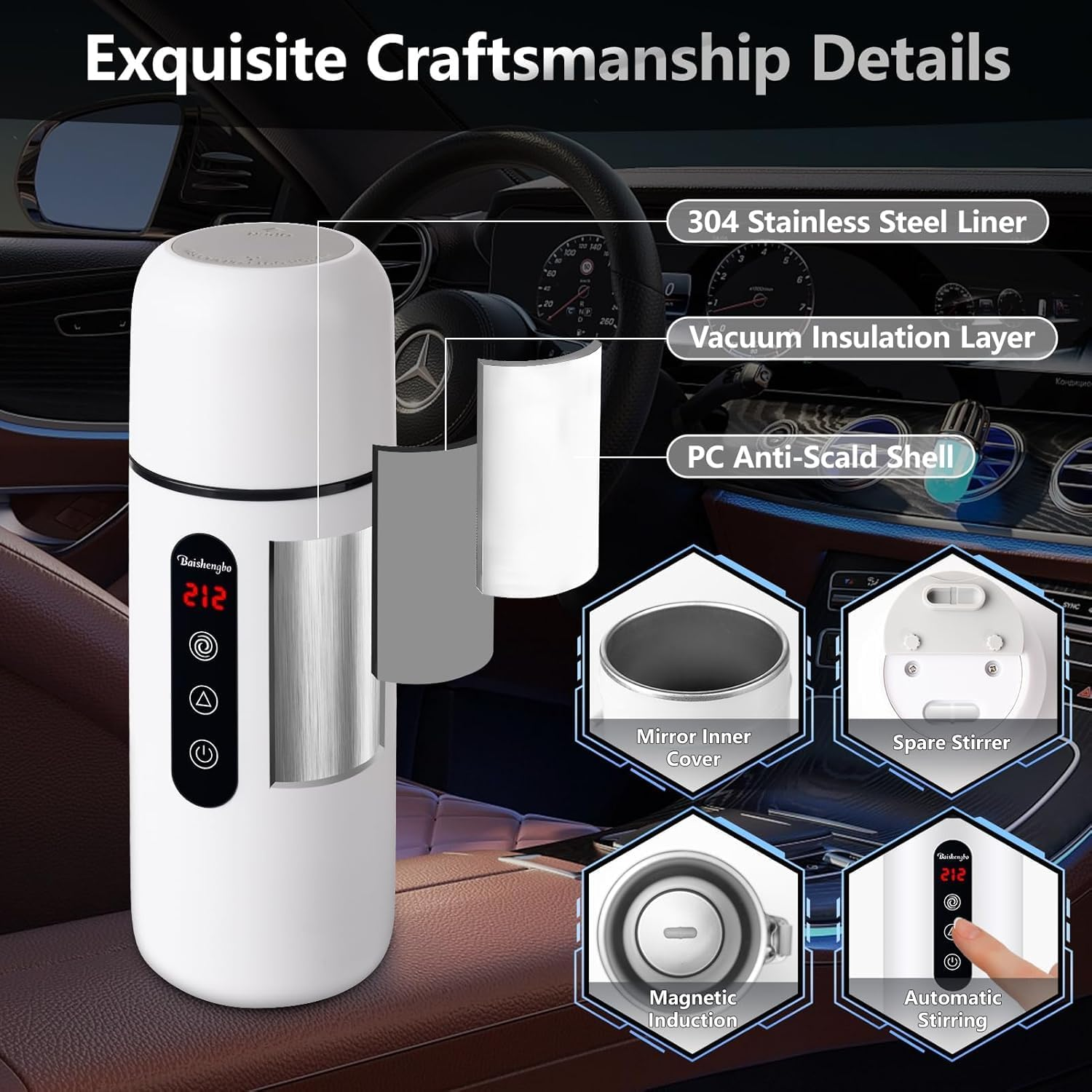 Car Kettle, Portable Electric Travel Kettle, 12V/24V Car Coffee Warmer, 420ML Hot Water Boiler, Small Hot Water Heater, with Built-In Magnetic Induction Stirring for Tea Coffee Milk (White) image number 2