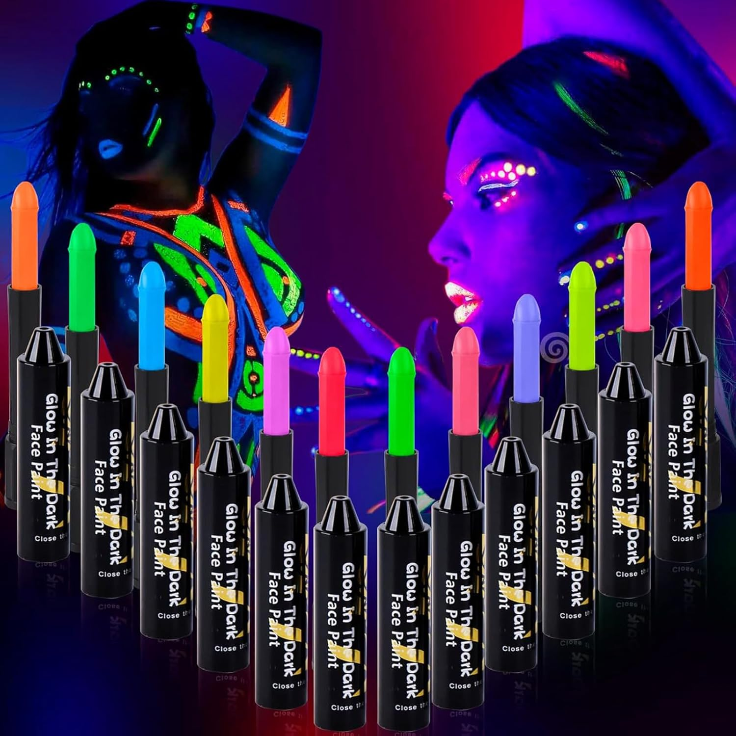 Glow in the Dark Paint-12 Colors 60G Crayons Body and Face Painting Kit Glow under UV Light,Non-Toxic Makeup for Halloween Masquerades Christmas Party Supplies image number 5