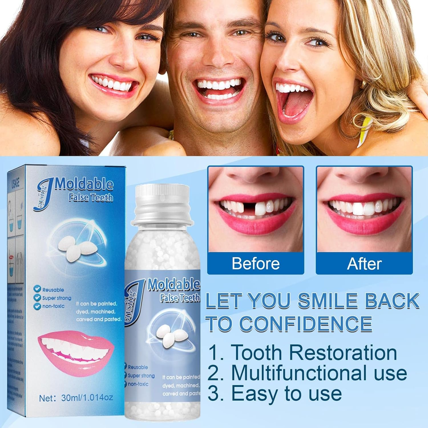LOUJIN 30Ml Moldable False Teeth White Particles Reusable Temporarily Fill Regain Smile Cosplay DIY image number 3