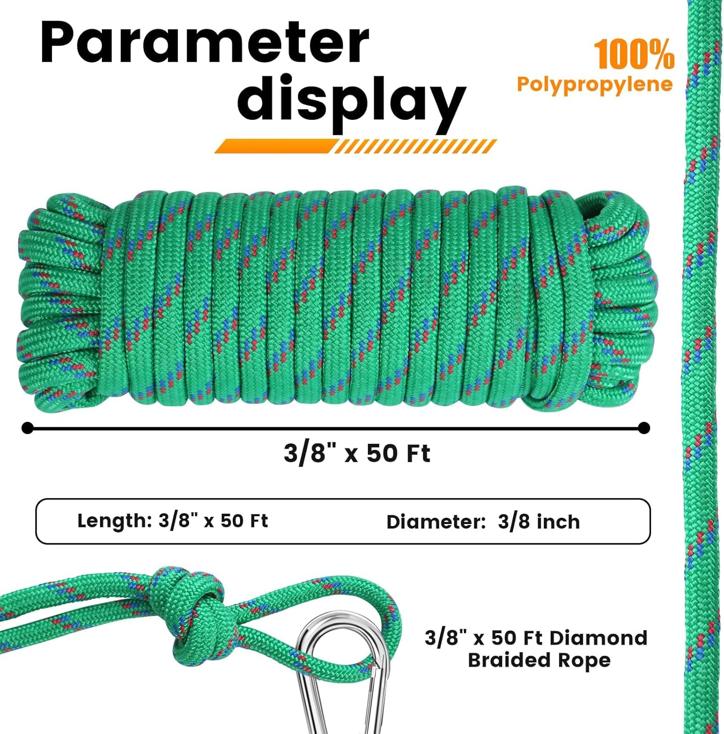 Maxxhaul 50227 3/8" X 50 Ft Diamond Braided Rope Extra Strength-Sunlight and Weather Resistant, Multicolor image number 3