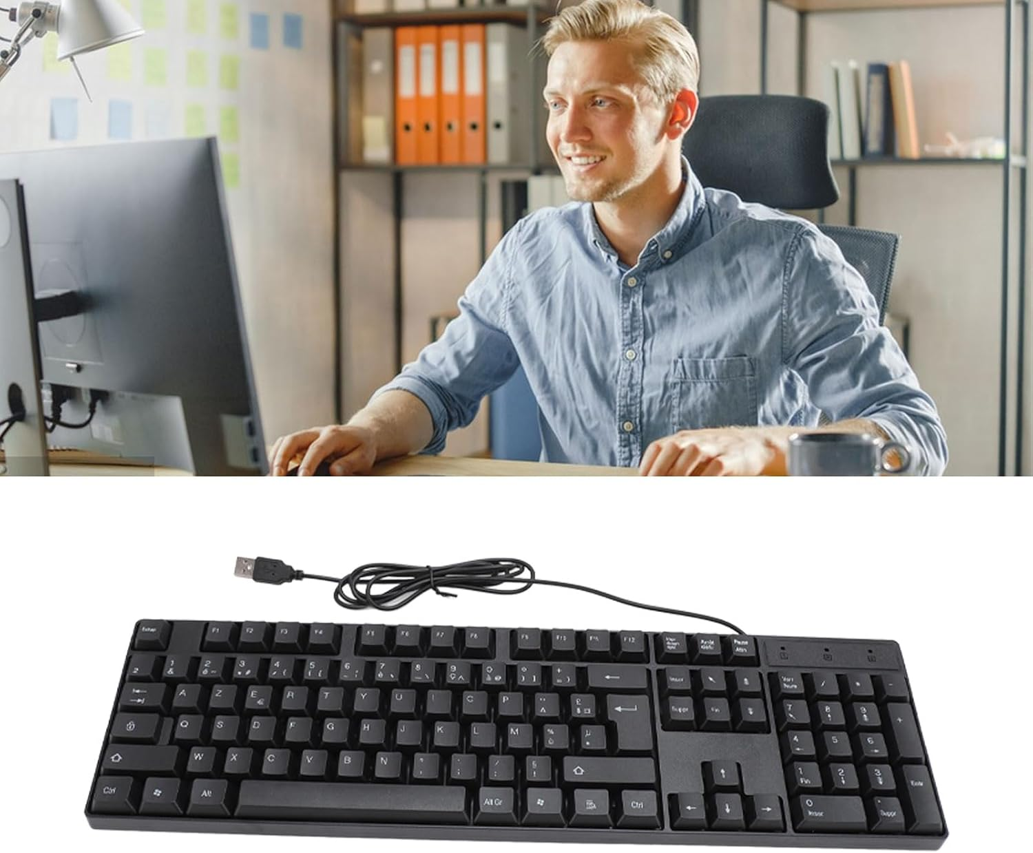 USB Wired Keyboard, Sturdy Minority Language Keyboard 4.9Ft Cable 104 Keys for Office (French AZERTY Layout) image number 2