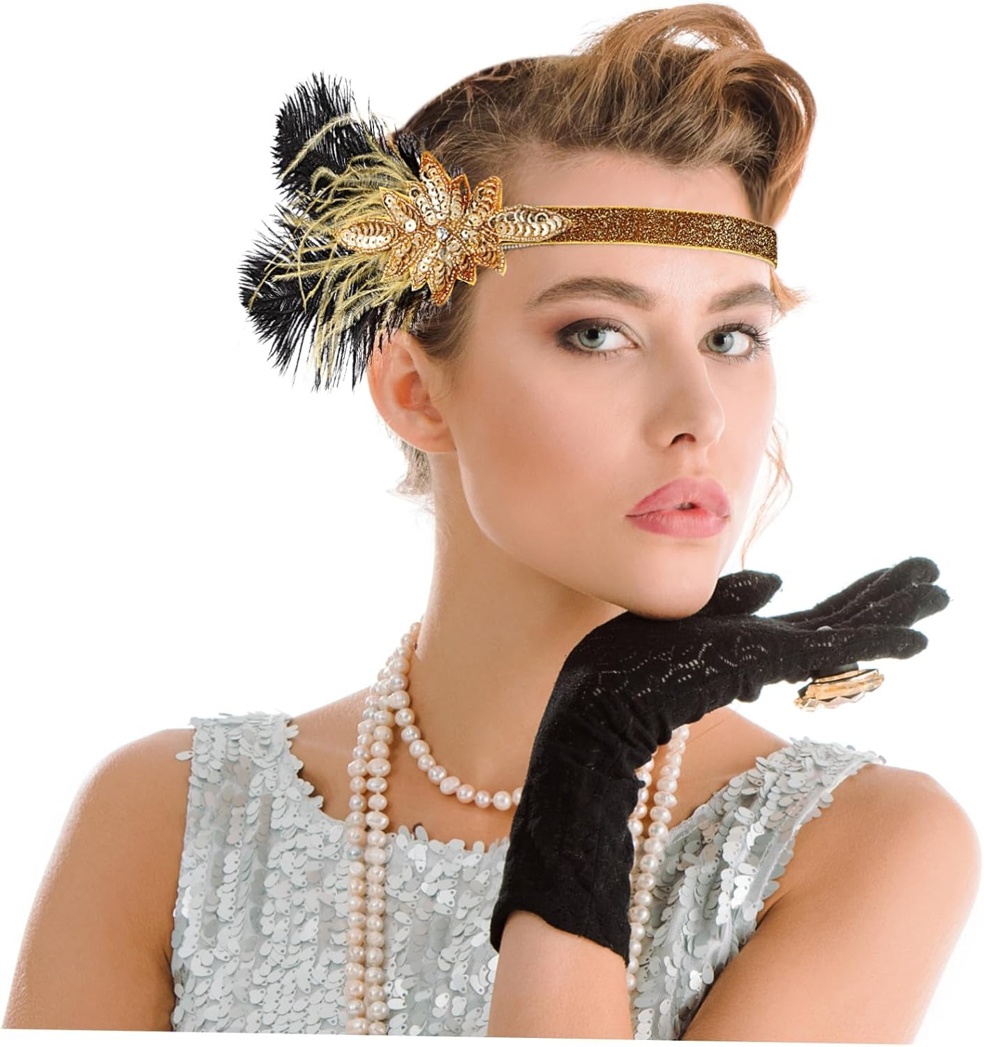 FONDOTIN Vintage Flapper Headband with Golden Feathers and Rhinestones, Elastic Hair Accessory for Women, Suitable for Years Parties, Weddings and Costume Parties image number 4