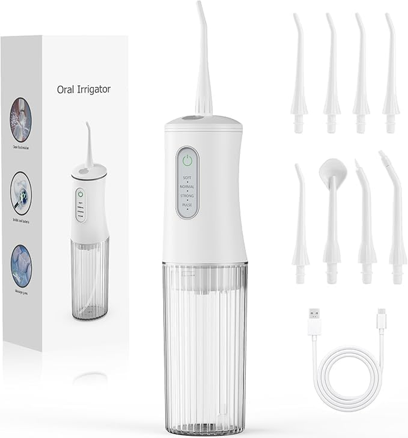 Cordless Water Flosser for Teeth, Electric Oral Irrigator with 4 Cleaning Modes & 8 Jet Tips, IPX7 Waterproof Dental Irrigator, Portable Rechargeable Teeth Cleaner for Home Travel,White