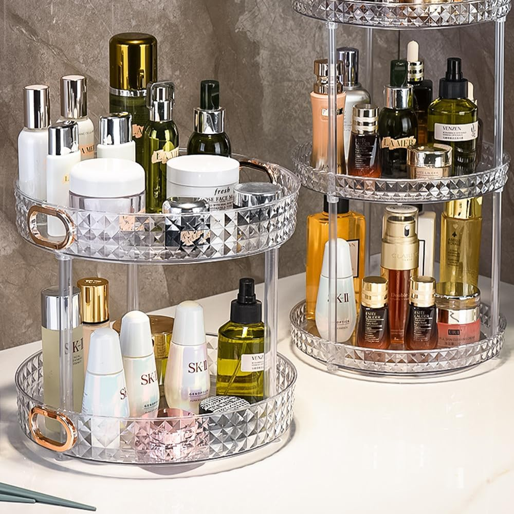 RUTREZOGO Rotating Makeup Organizer 2 Tier Skincare Organizer with Handle, Spinning Lazy Susan Perfume Organizer for Vanity, Bathroom Countertop, Cabinets, Pantry, Fridge & Kitchen image number 1