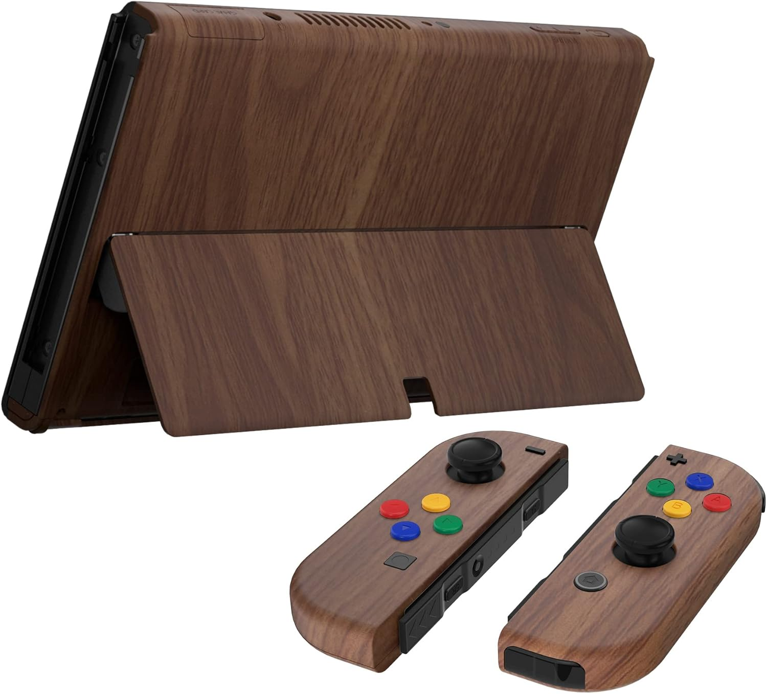 Extremerate Wood Grain Soft Touch Full Set Shell for Nintendo Switch OLED, Replacement Console Back Plate & Metal Kickstand, NS Joycon Handheld Controller Housing & Buttons for Nintendo Switch OLED image number 4