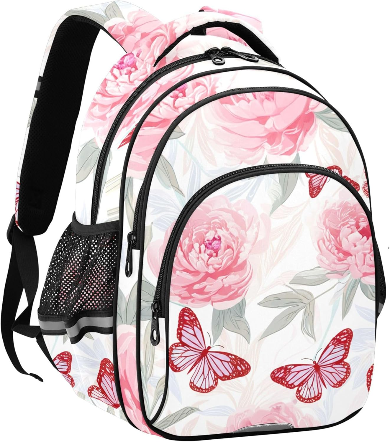 Soft Pink Peonies Butterfly White Kids Student Travel School Cute Floral Book Toddler Elementary Backpacks Animal image number 5