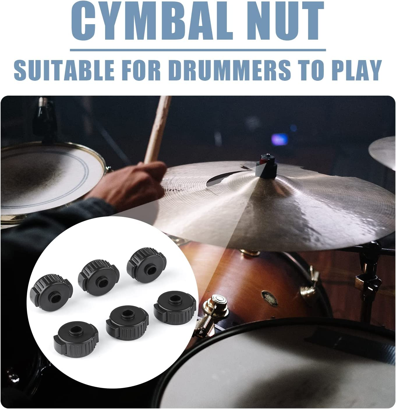 6Pcs Quick Release Cymbal Nuts, 8Mm Cymbal Mate Nut Black Plastic Cymbal Lock Nut for Percussion Drum Kit Jazz Drum Parts Accessories