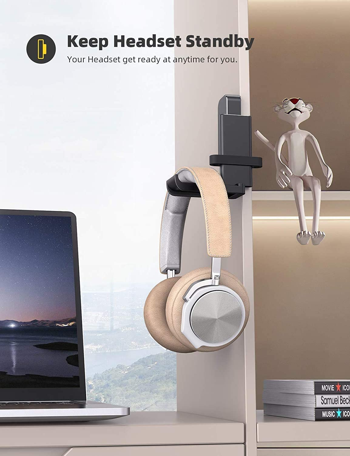 Lamicall Headphone Stand, Headset Hanger - 360 Degree Rotation Earphone Adhesive Hook Holder Mount, Table Headphone Stand with Cable Organizer, Gaming Headset Clamp-Black image number 1