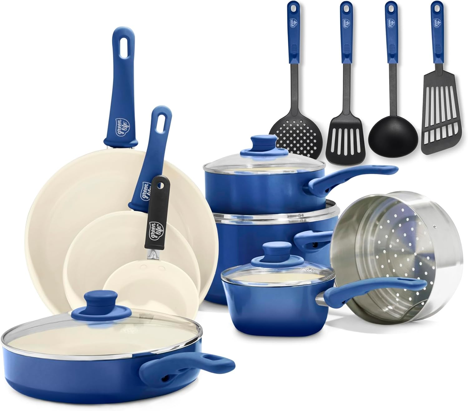 Greenlife Soft Grip Healthy Ceramic Nonstick, 16 Pc Cookware Pots and Pans Set, Pfas-Free, Dishwasher Safe, Blue image number 2