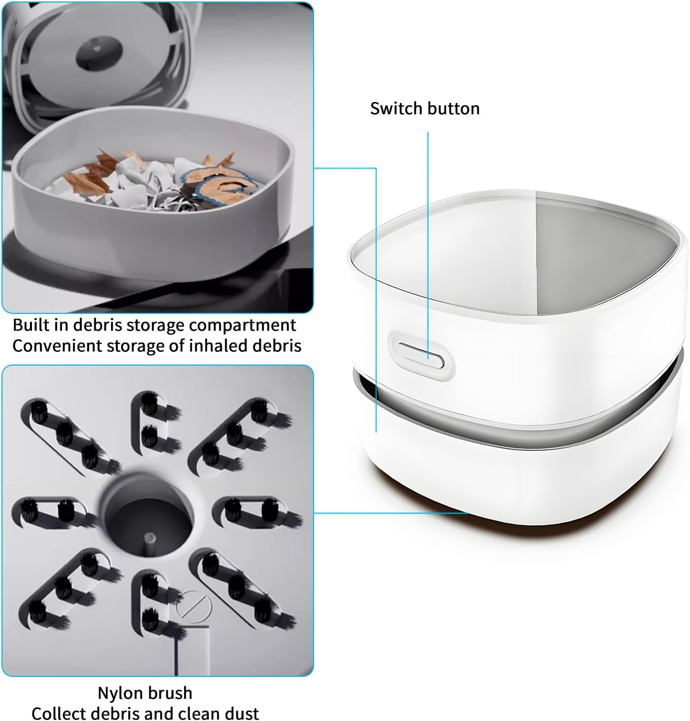 QUMOX Mini Desk Vacuum Cleaner &ndash; Cordless USB Rechargeable Tabletop Cleaner with 1400Mah Battery, Powerful Suction, for Keyboard, Dust, Crumbs, Paper Shavings, and Pet Hair (White) image number 4