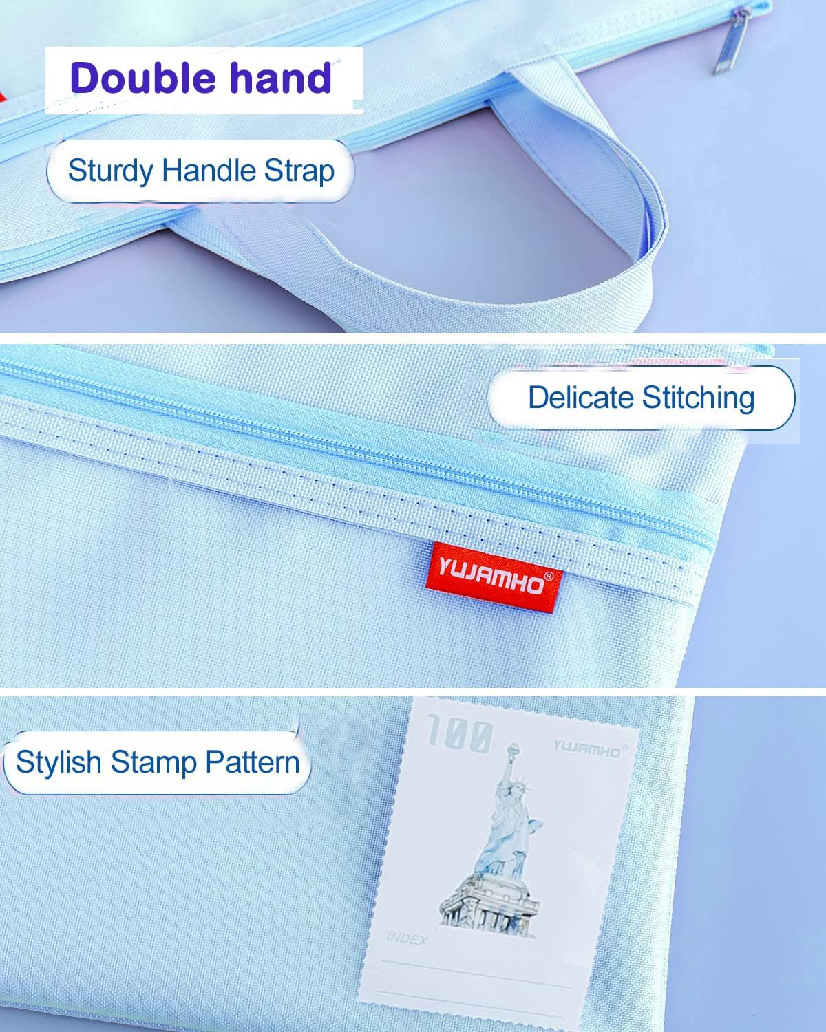 Zip File Pouch,A4 Document Bag, Zippered Handbag, Books Carry Bag Waterproof Double Zippers Pockets for Office Travel (Blue) image number 1