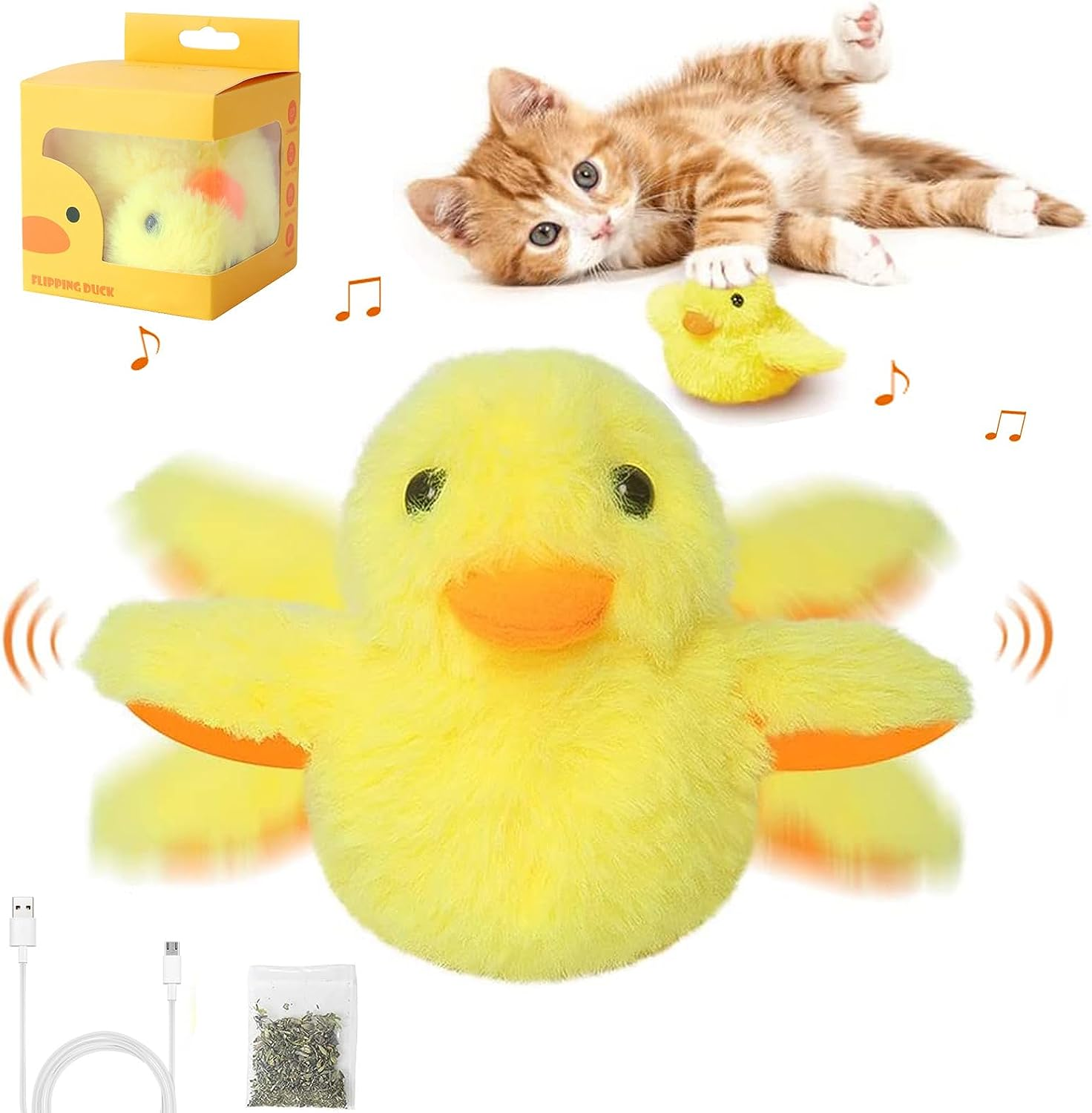 PAWCHIE Interactive Cat Toys Duck-Catnip Chew Toy,Usb Rechargeable Plush Duck Toy,Realistic Duck Quack and Electric Flapping Wings Duck Toy,For Cat Chewing, Kicking and Exercise (Yellow) image number 6