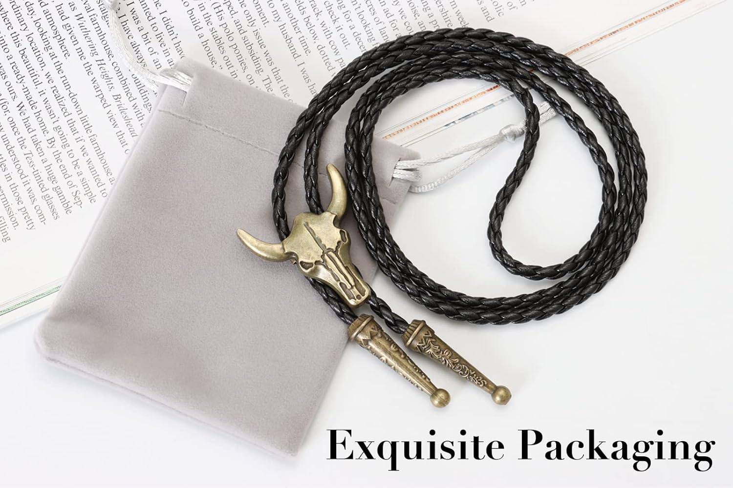 Western Vintage Bolo Tie for Men - Cow Skull Design Cowboy Tie - Black Leather Bolo Necktie Necklace image number 5
