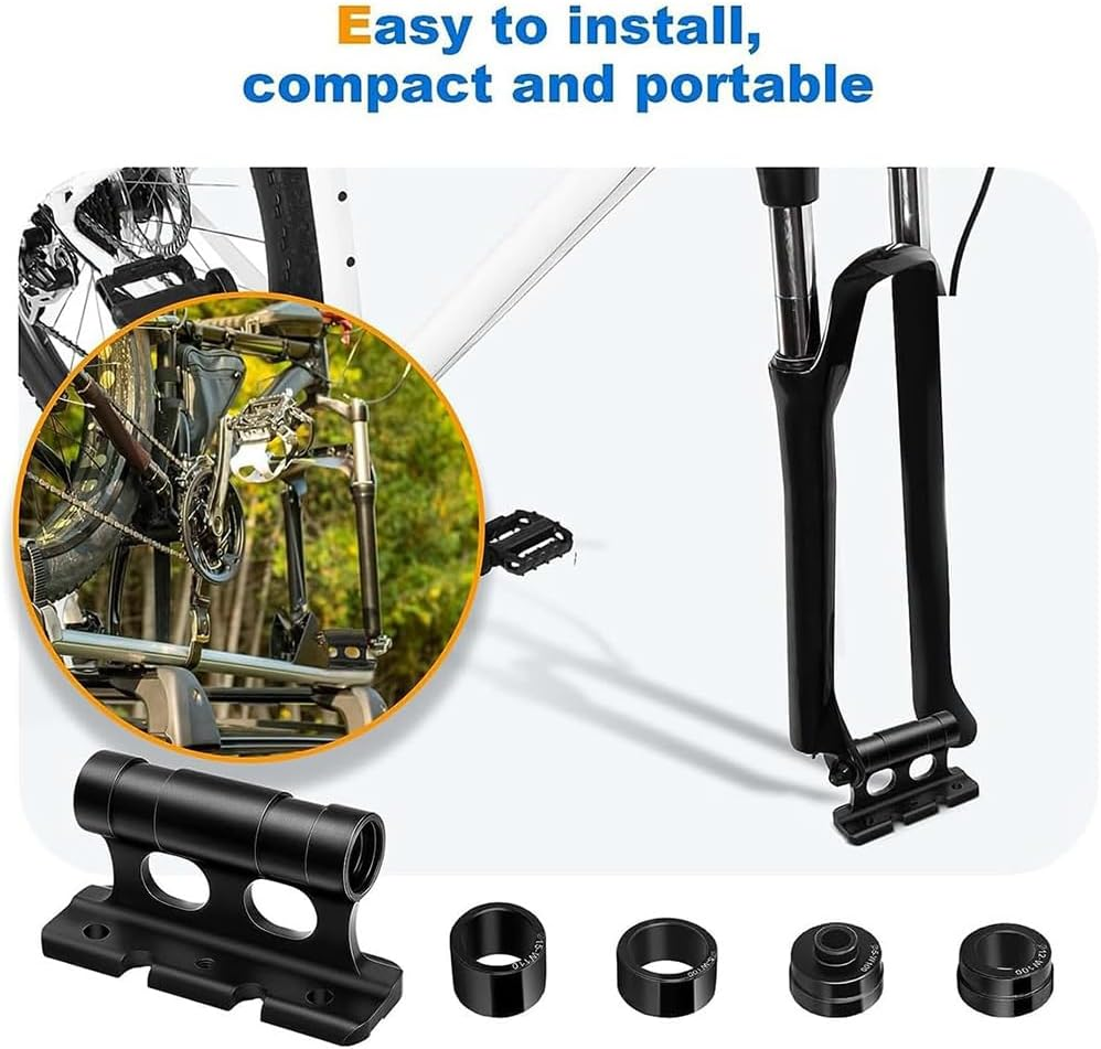 Bike Fork Mount, Bike Fork Mount Block Bicycle Front Fork Versatile Aluminum Alloy Fixed Clip Bikes Rack Stand for Cycling Trailer Traveling with Adapters, Screws, Straps, Black image number 4