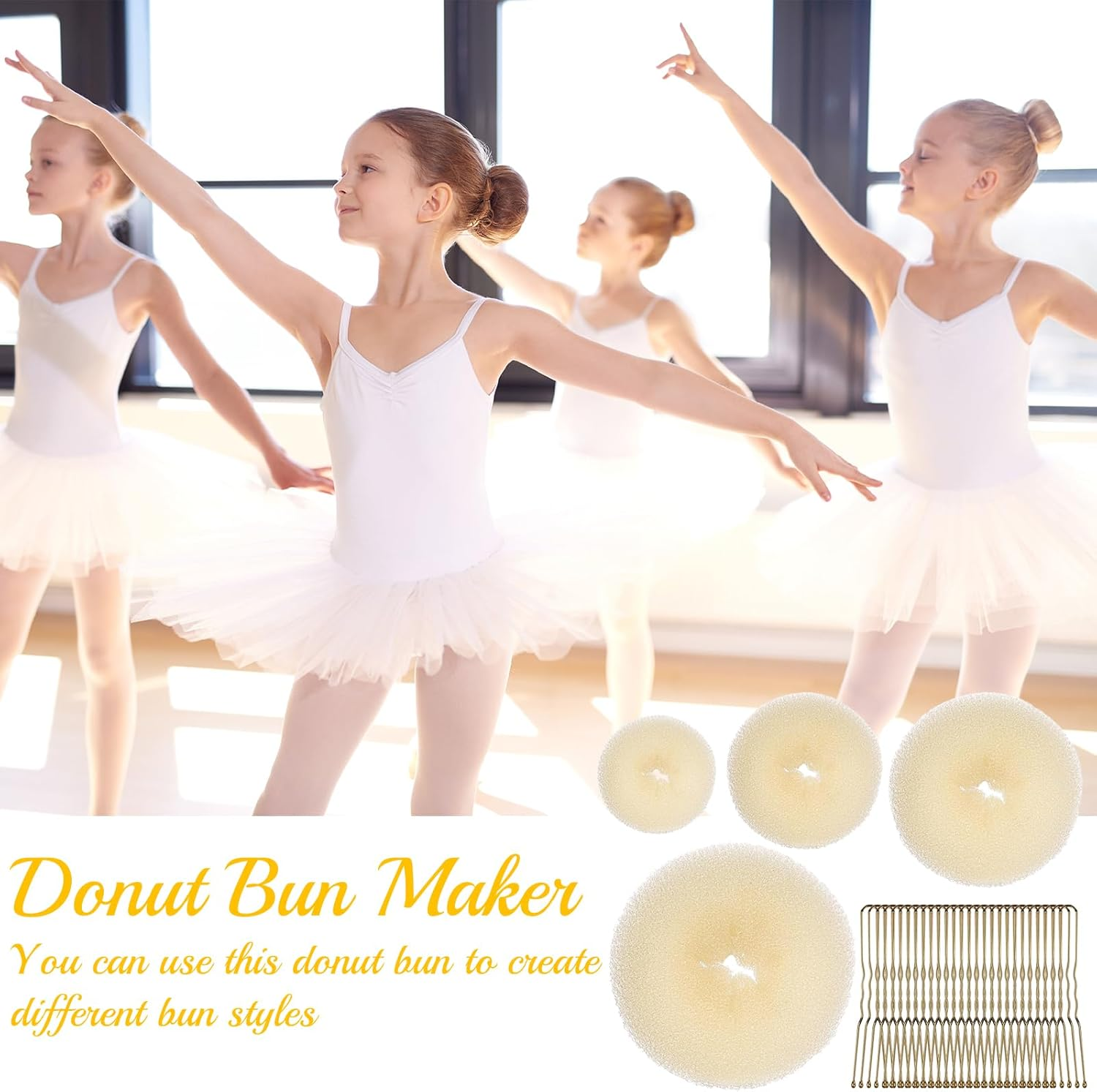 Soundzero 4-Piece Doughnut Hair Bun Set, Doughnut Hair Updo Accessories, Updo Accessories, Hair Doughnut Maker Set, for Hairstyle Dancers, Children, Girls, Women, Comes with 20 Hair Pins (Gold) image number 3