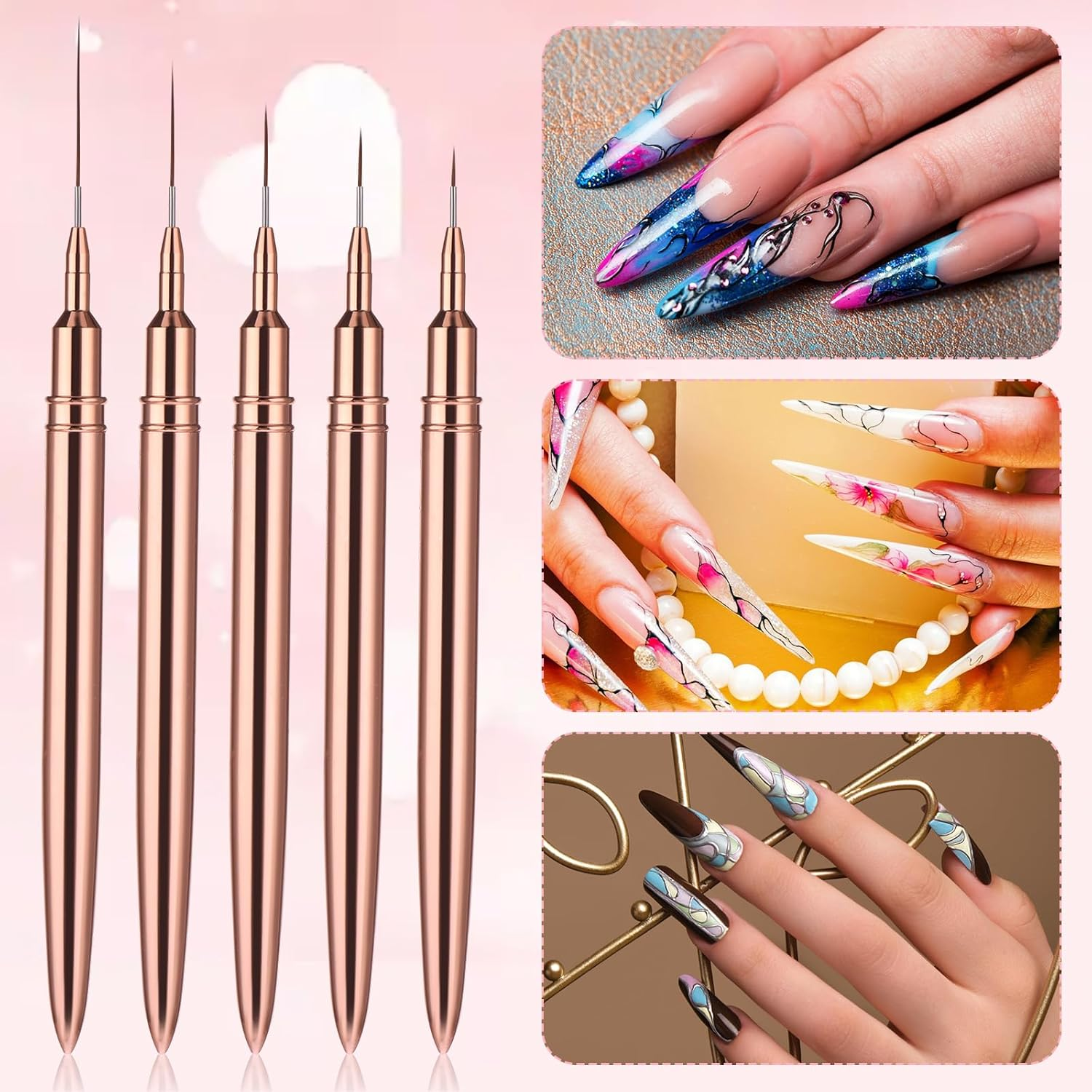 WLLHYF 5Pcs Nail Art Liner Brushes, Painting Nail Art Brushes for Long Lines, Details, Fine Drawing Nail Dotting Drawing Tool Set 7Mm/9Mm/11Mm/15Mm/25Mm - Pink Greenish image number 6