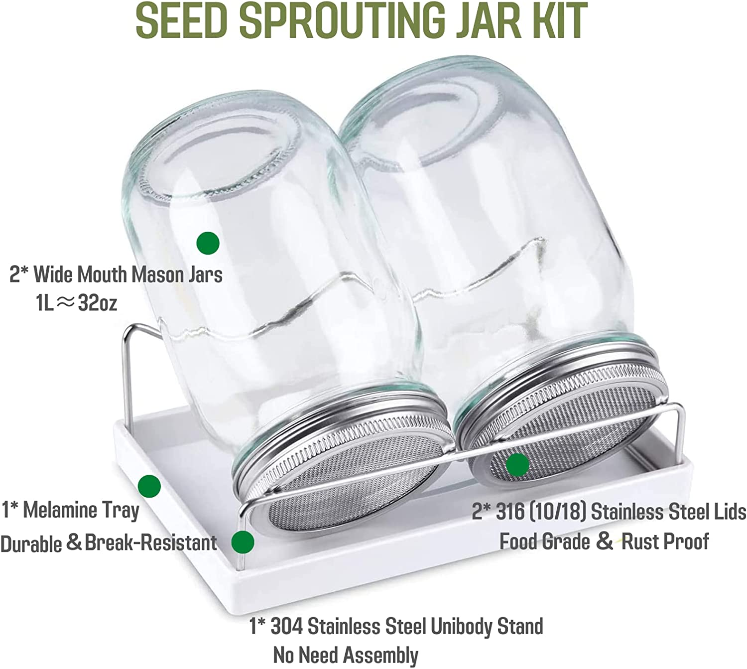 2 Pack Seed Sprouting Jar Kit- 1L Wide Mouth Quart Mason Jars with Sprout Lids, Sprouts Growing Kit Quart Sprouting Jars for Melamine Tray,Stand Seed Sprouter Set for Growing Broccoli image number 4