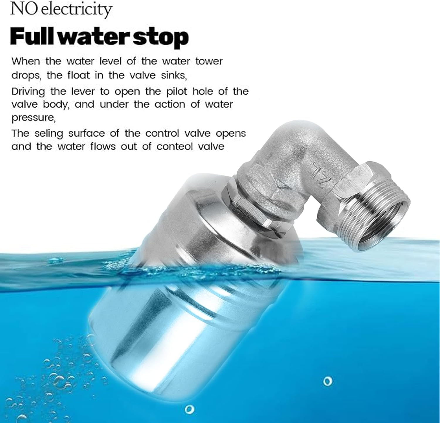 1/2 to 3/4'' Float Valve, Stainless Steel Fully Automatic Level Control for Tank, Pool, Livestock Trough