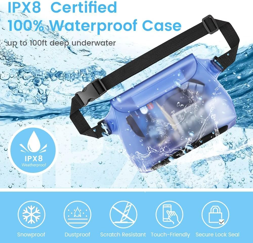 ETHEL 2-Pack Waterproof Pouch with Waist Strap &ndash; Transparent Screen Touchable Dry Bag for Phone Valuables &ndash; Perfect for Swimming, Snorkeling, Boating, Fishing, and More (Blue & Black) image number 5