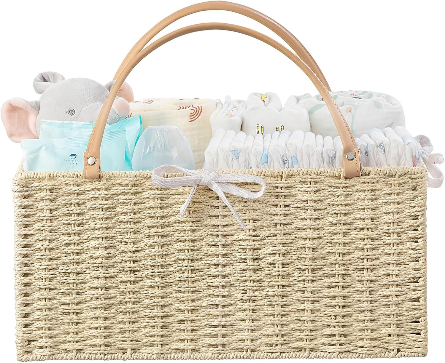Hblife Large Baby Diaper Caddy Organizer, Paper Rope Storage Baskets Nursery Bin with Removable Divider, Portable Car Organizer for Diapers, Baby Shower Gifts, Newborn Essentials Must Haves