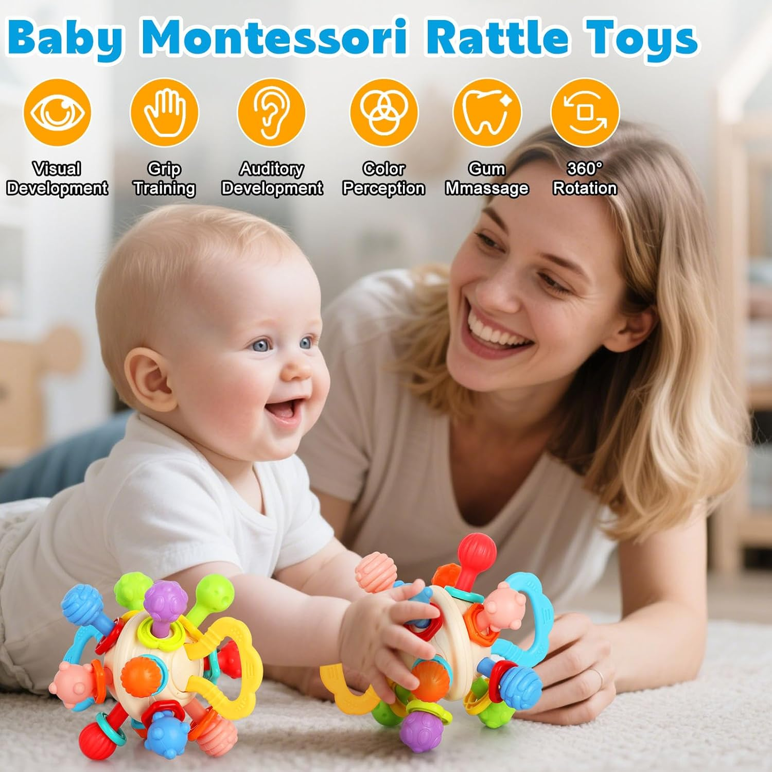 Baby Montessori Sensory Ball for 0-6 6-12 Months, Food Grade Baby Rattle, Infant Newborn Developmental Learning Plays Gifts for Baby Boys Girls image number 4