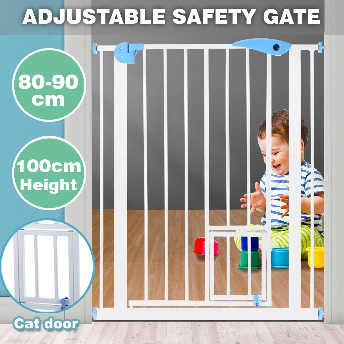 100Cm Tall Pet Safety Gate Dog Safe Fence Puppy Baby Security Stair Barrier, W/Cat Door, Adjustable Length 80-90Cm,White image number 2