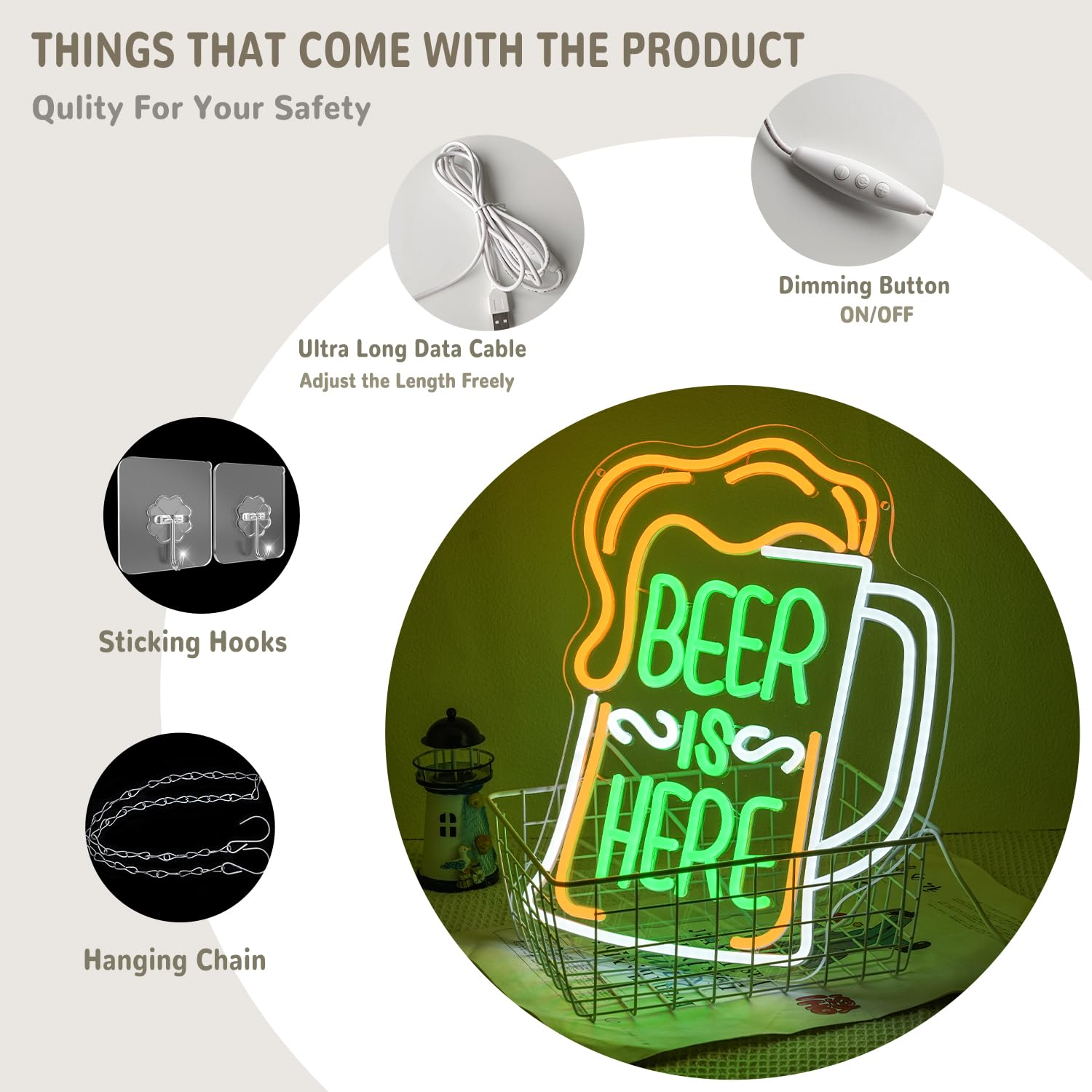 LMSIGNLY Beer Is Here Neon Sign for Wall Decor Beer Bar Neon Light Beer Glass Neon Light Sign Green Letter LED Sign for Home Nightclub Man Cave Restaurant Party - Cold Beer Open image number 4