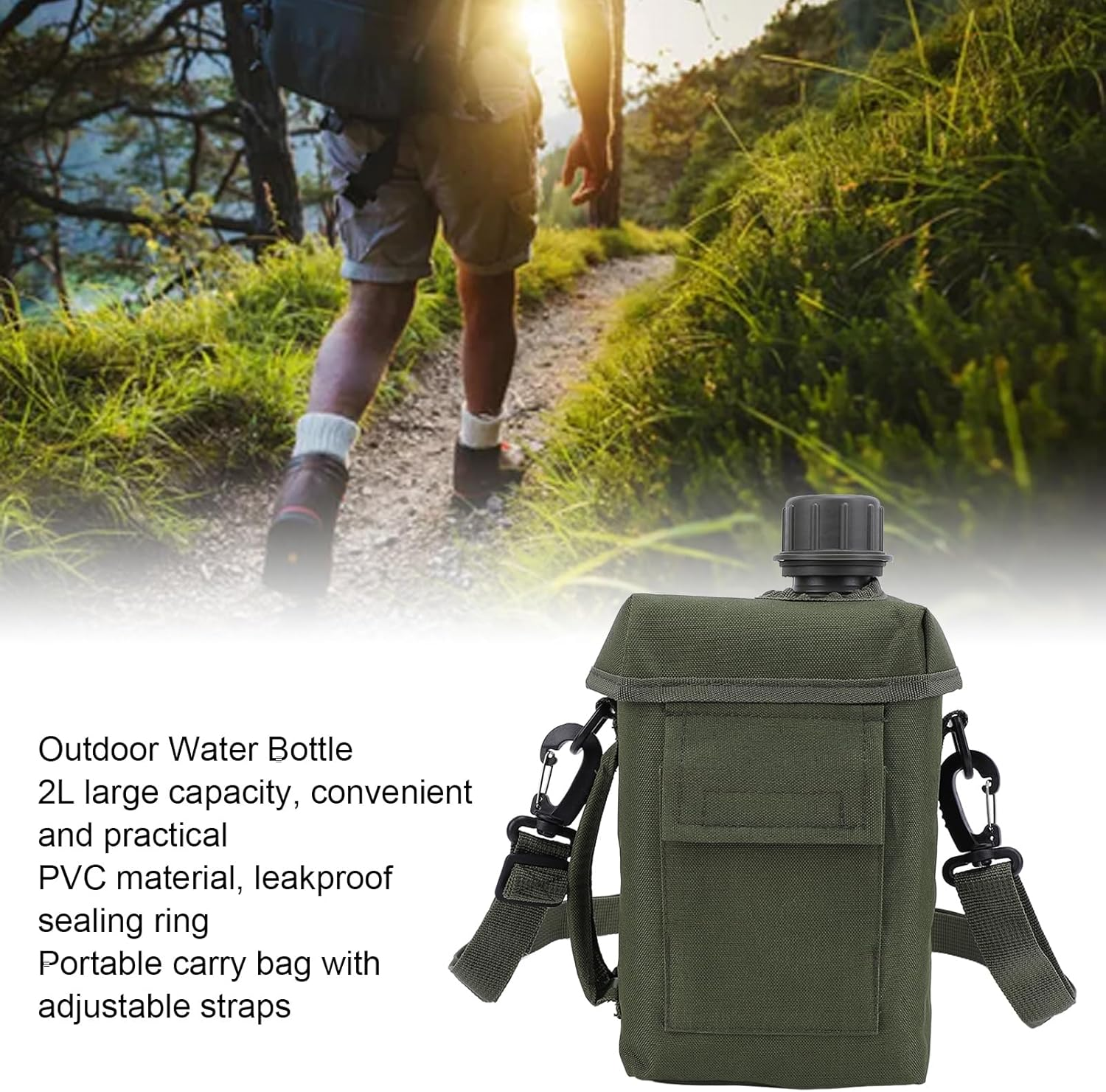 Bewinner Outdoor Water Bottle - 2L Portable Water Canteen with Waist Bag, Multi Fuctional PVC Flat Camping Water Bottle for Military Surplus or Bushcraft Gear (OD Green) image number 4