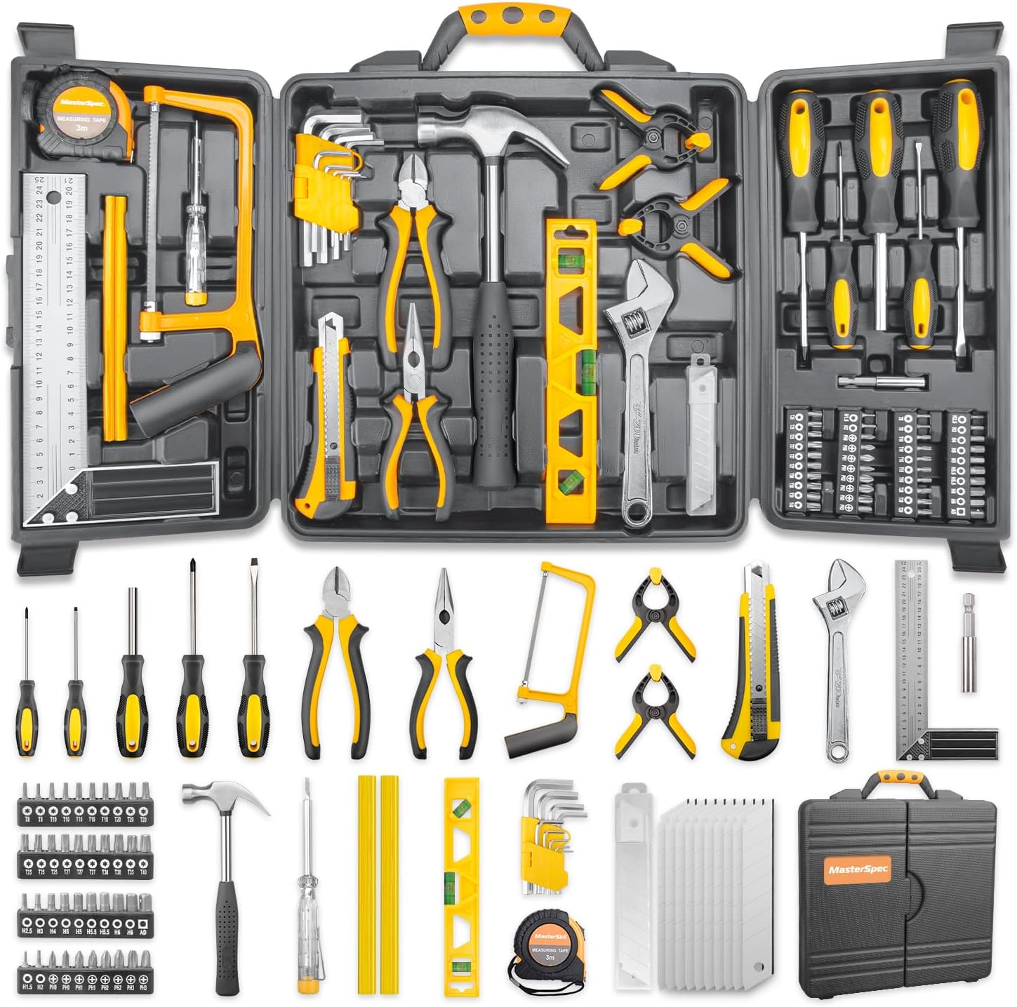 Masterspec 79-Piece Hand Tool Set Household Comprehensive Kit Auto Repair Tool Set Multi-Functional Tool Kits for Homeowner General Household Hand Tool Set W/ 1 Storage Case for Repairing