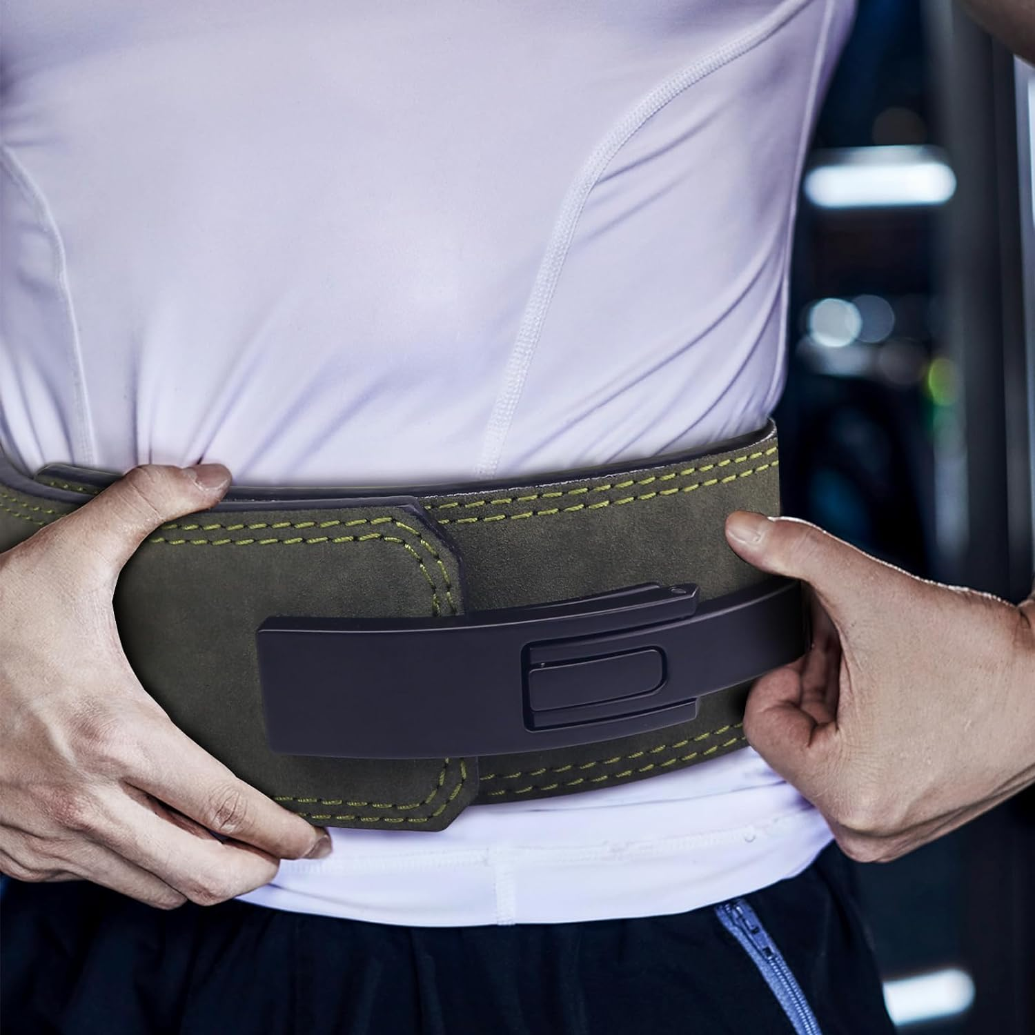 Leather Weight Lifting Belt with Lever Buckle Gym Fitness Training Double Strength Bodybuilding Workout Belt Men and Women Support Powerlifting Equipment image number 3