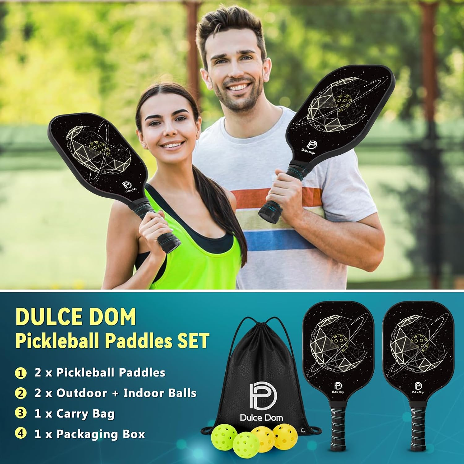 DULCE DOM Pickleball Paddles Set of 2/4, 4 Indoor Outdoor Pickleball Balls, Fiberglass Surface Paddle Racket with Cover Bag Training Equipment for Men Women - Starry Sky image number 2