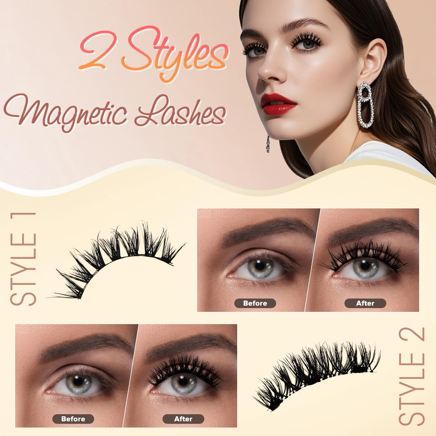 Necomi Magnetic Eyelashes, 3D Natural Look Lashes with Applicator, Reusable Magnetic Eyelashes Kit，2 Pairs False Eyelashes, No Glue Needed, Easy to Wear and Remove image number 1