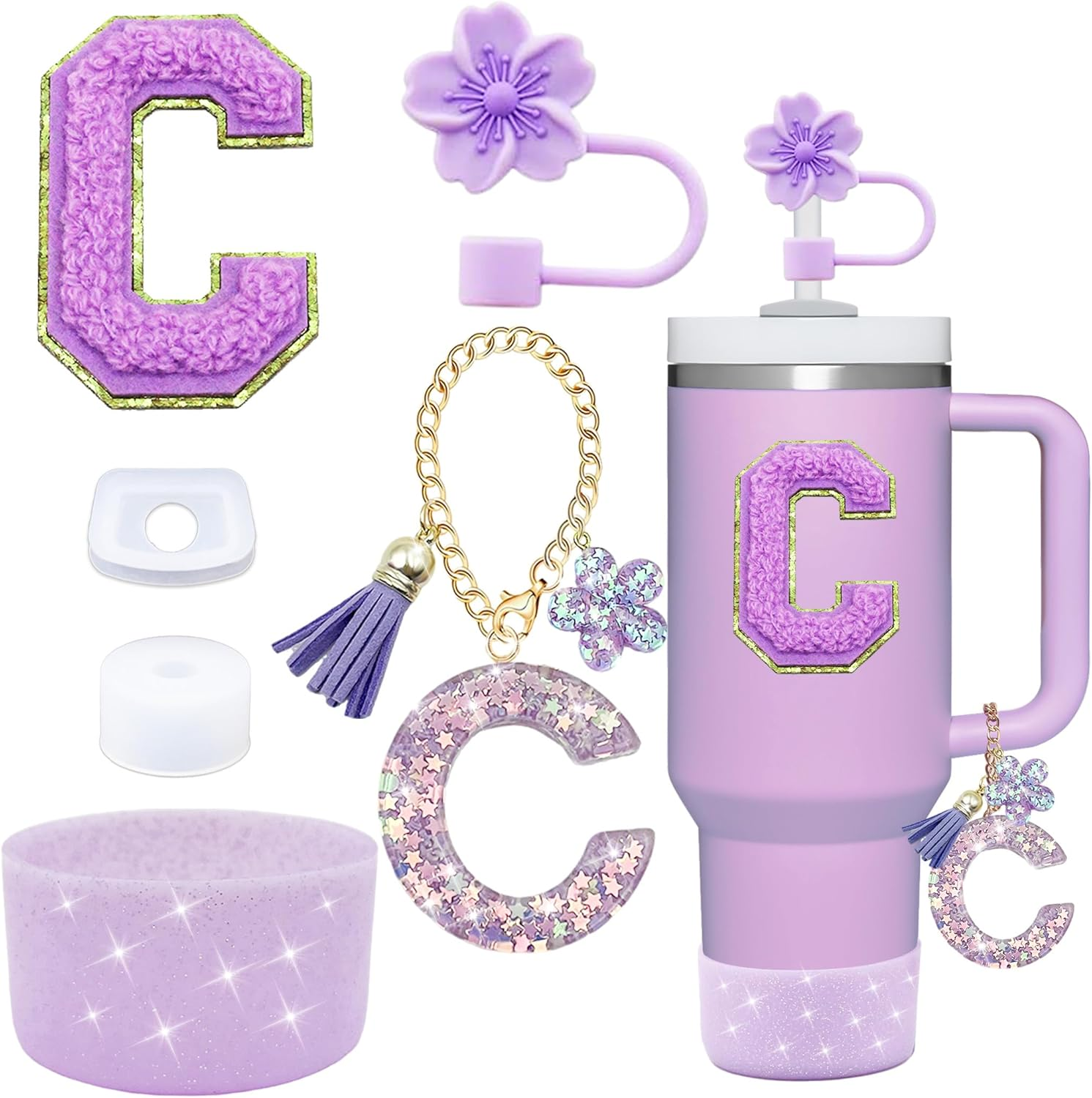 6PCS Cup Accessories Set for Stanley Cup 30Oz 40Oz Tumbler with Handle, Including Silicone Straw Topper Cover Cap and Boot, Spill Proof Stopper, Handle Charm, Initials Sticker(Purple B)