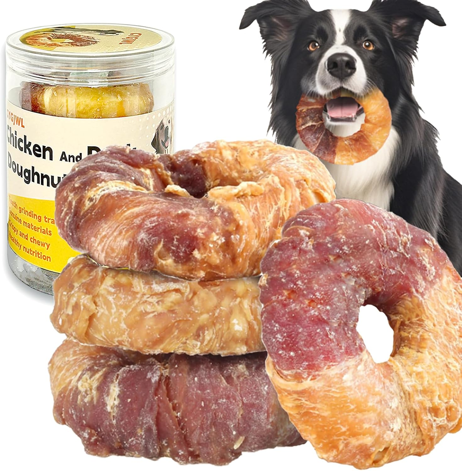 Chicken and Duck Wrapped Dog Chews Grain Free, Protein Rich Jerky with Beef Hide, Fun Donut-Shaped Treats for Small and Large Dogs, No Artificial Flavors,4Pcs image number 1