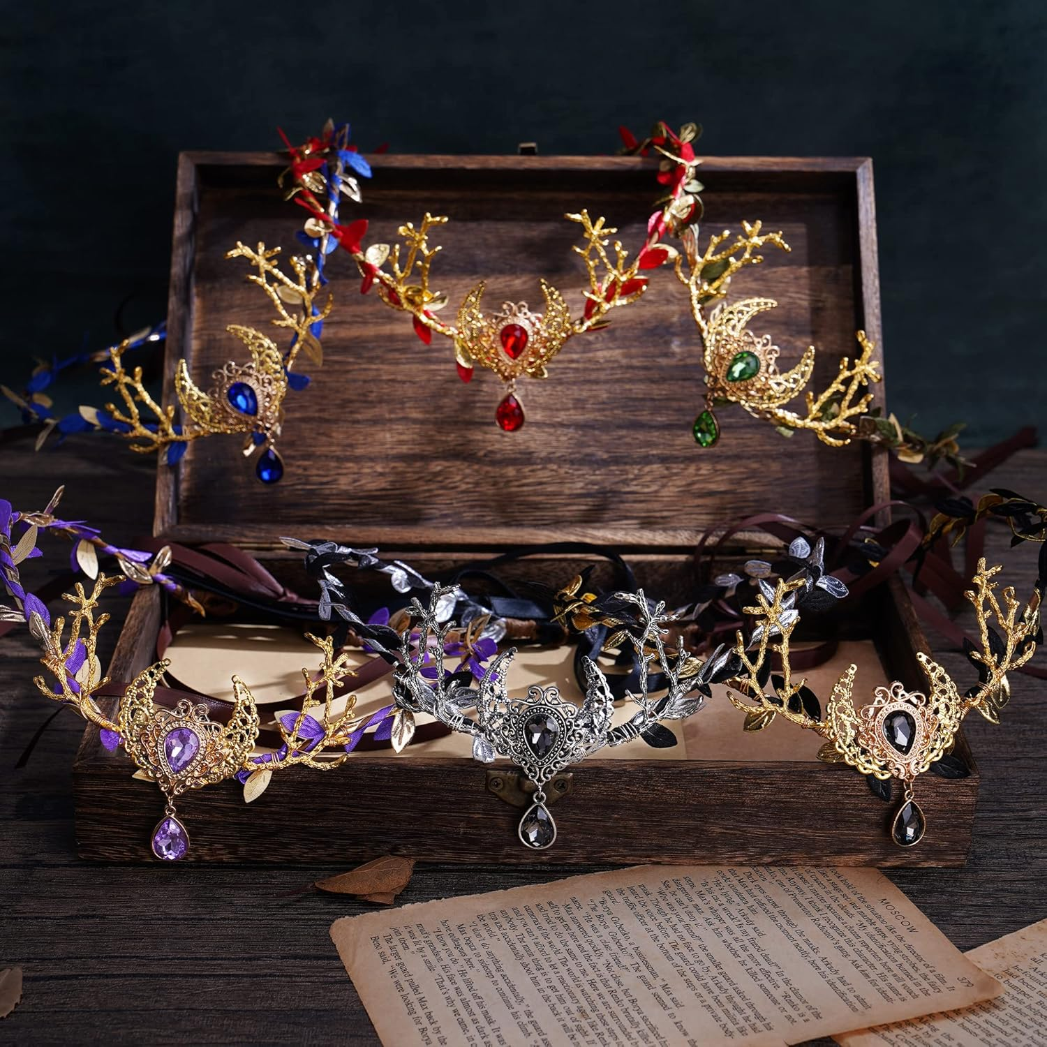 MOSTORY Elfenkrone F&uuml;r Waldfee Kost&uuml;m Damen, Walefee Elfen Schmuck Mit Moon F&uuml;r Cosplay Karneval image number 1